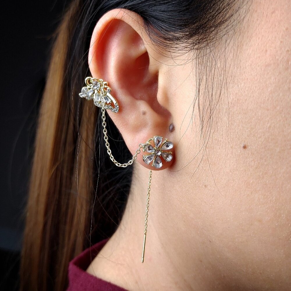 Crystal Butterfly Cuff Clip Dangle Earrings